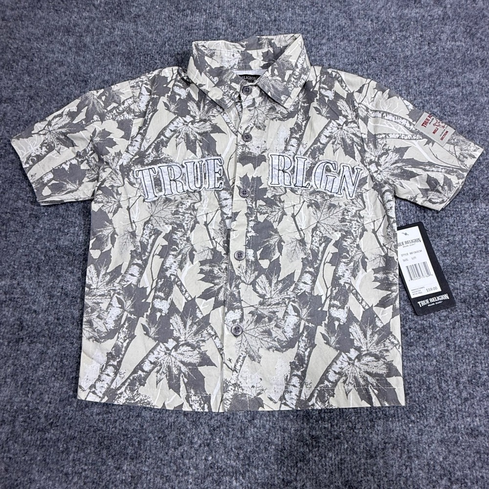 True Religion Boys Leaf Camo Button Down Shirt Tan Grey 881365CM Size L 7 NWT